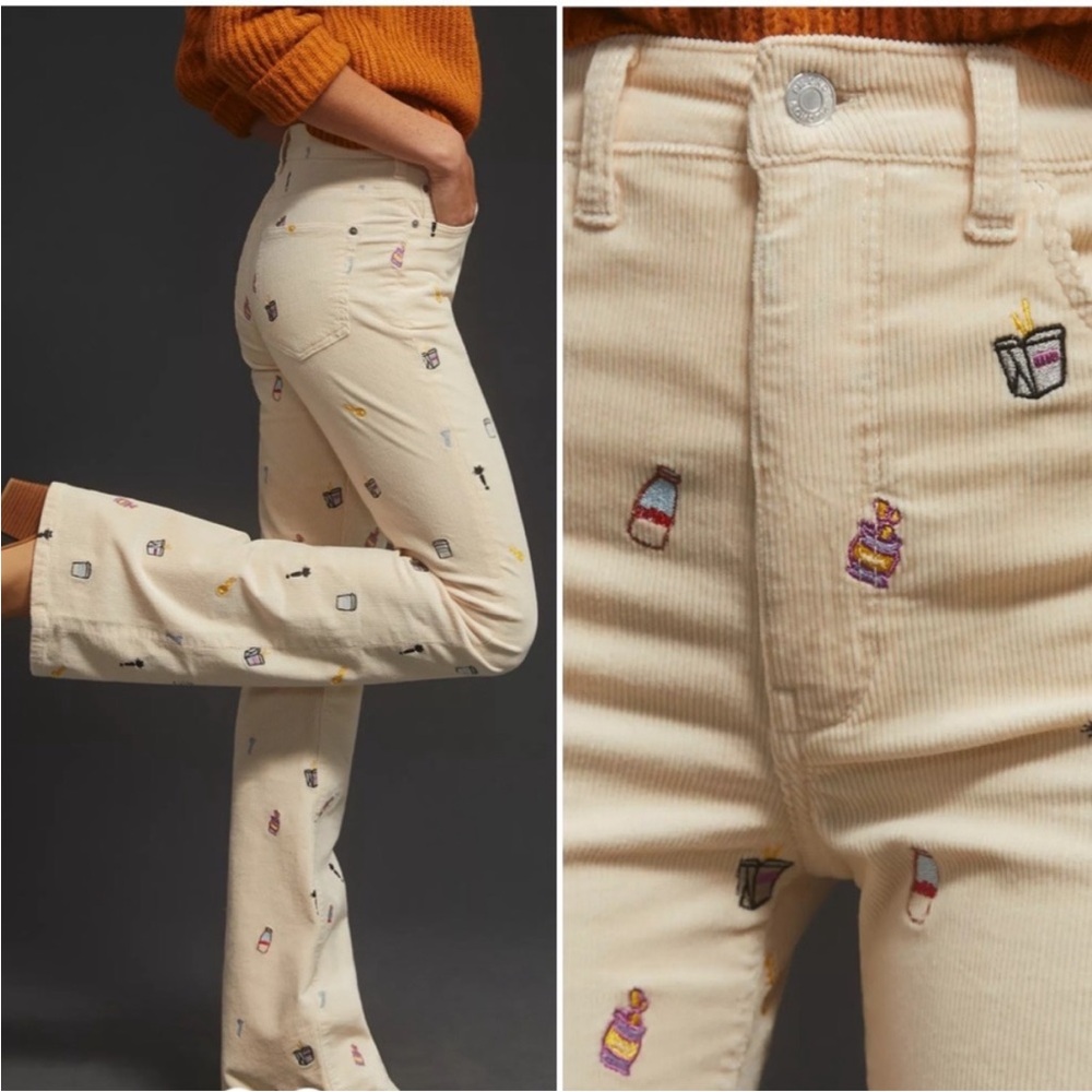 Pilcro Anthropologie High Rise Corduroy Embroidered The Icon Flare Pant Boho 30